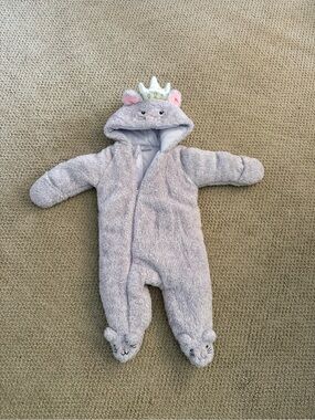 Plush Gray/purple cat Hooded Baby One-Piece